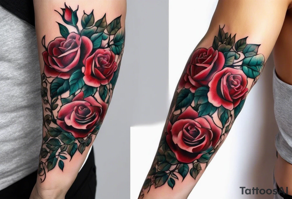 draw image of sleeve tattoo that has 65 small roses on a vine, they can be different sizes. It is long and narrow in design so it fits on an arm. The vine has some leaves and thorns but not too many. The roses will be a mix of small and medium size with some front on and others side on. tattoo idea