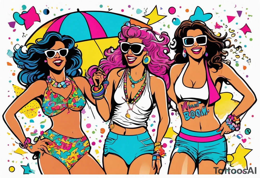 1980's miami vice style beach dance 
party, include confetti, music notes, boom box, bikinis tattoo idea