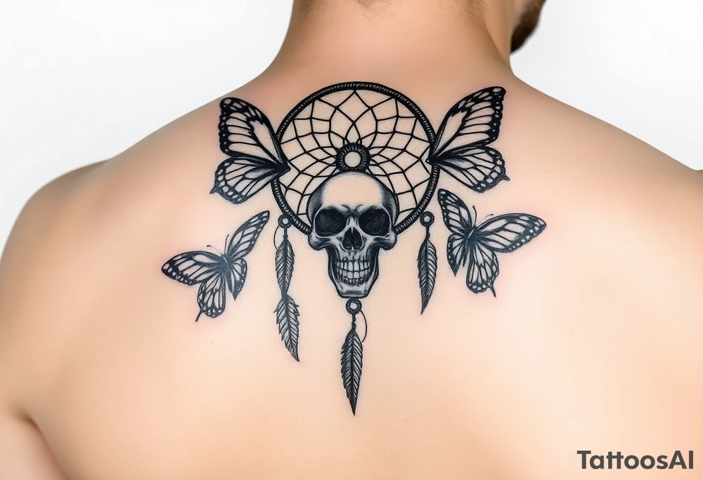 Small Dreamcatcher with butterfly's and skull tattoo idea