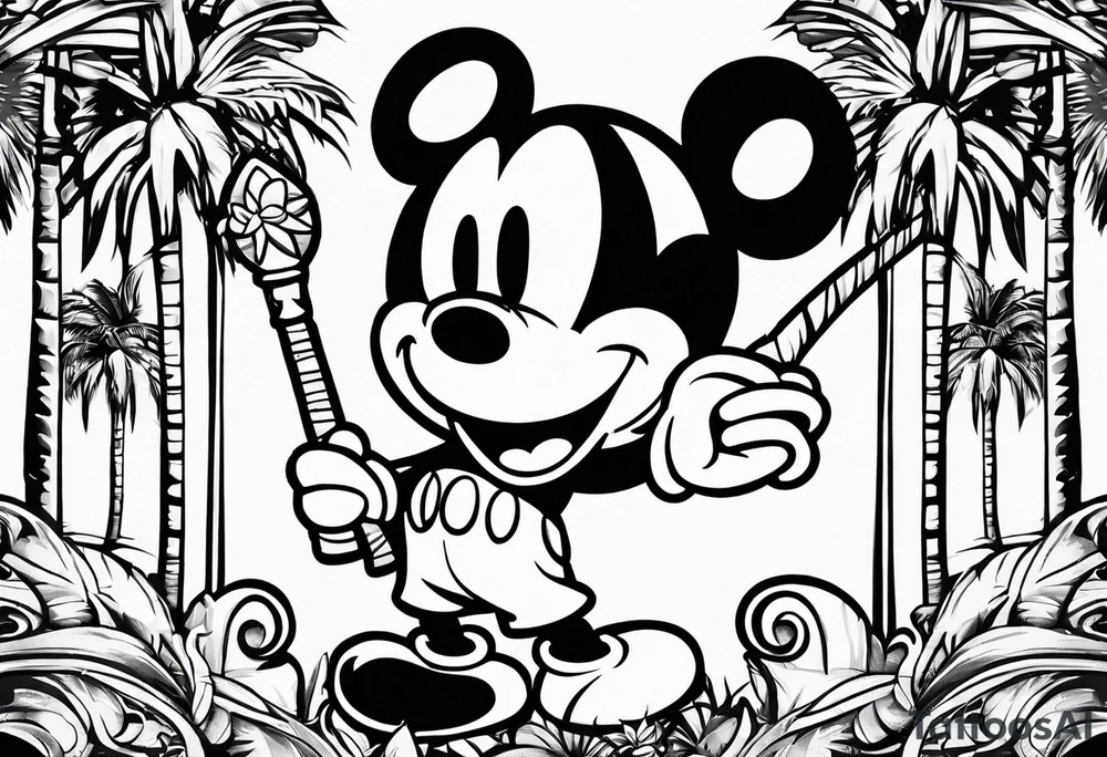 mickey mouse holding sticks with palm trees tattoo idea