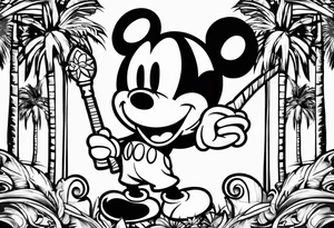 mickey mouse holding sticks with palm trees tattoo idea