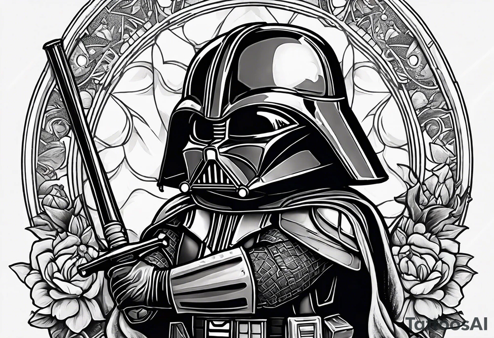 Baby grogu killing Darth Vader while wearing mandalorian armor tattoo idea