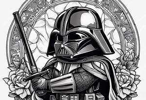 Baby grogu killing Darth Vader while wearing mandalorian armor tattoo idea