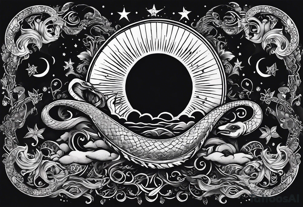 the sun and crescent moon are connected, the moon has a snake wrapped around it, the sun has a cardinal in it tattoo idea