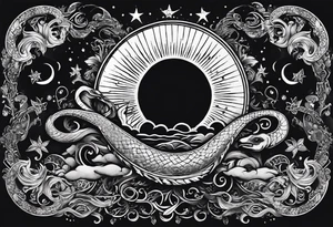 the sun and crescent moon are connected, the moon has a snake wrapped around it, the sun has a cardinal in it tattoo idea