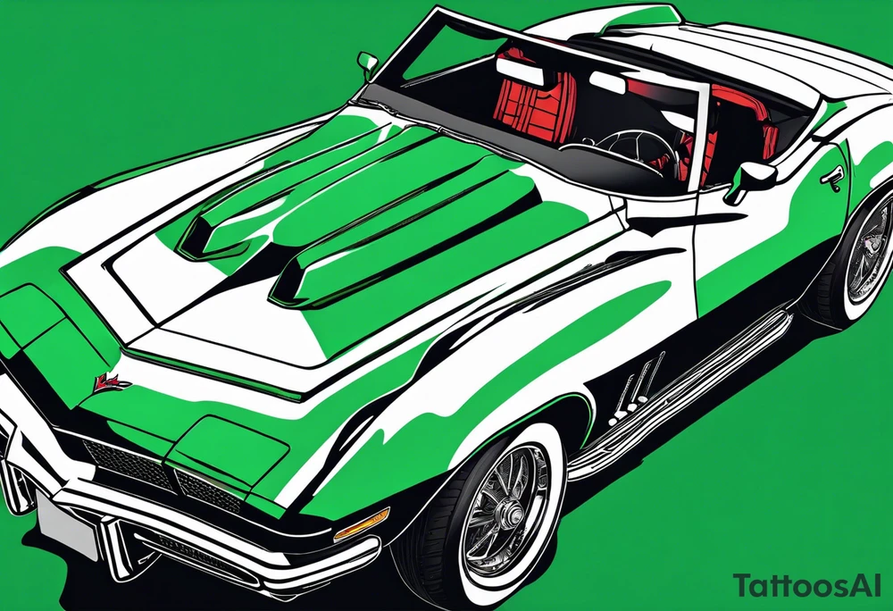 Skeleton smoking a cigarette driving a green 1976 convertible Corvette tattoo idea