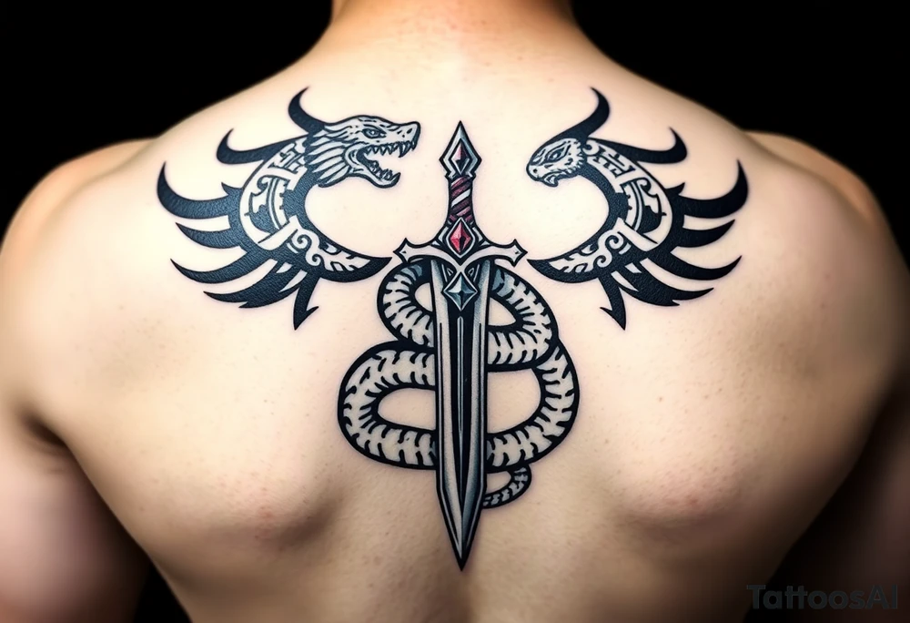 mystical snake coiled around an ancient dagger with jeweled hilt tattoo idea