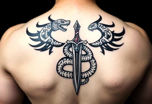 mystical snake coiled around an ancient dagger with jeweled hilt tattoo idea
