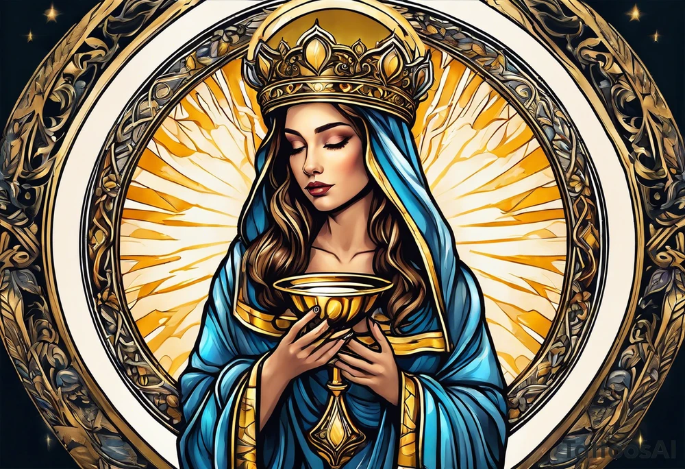 holy saint woman turned away with golden halo holding a chalice tattoo idea