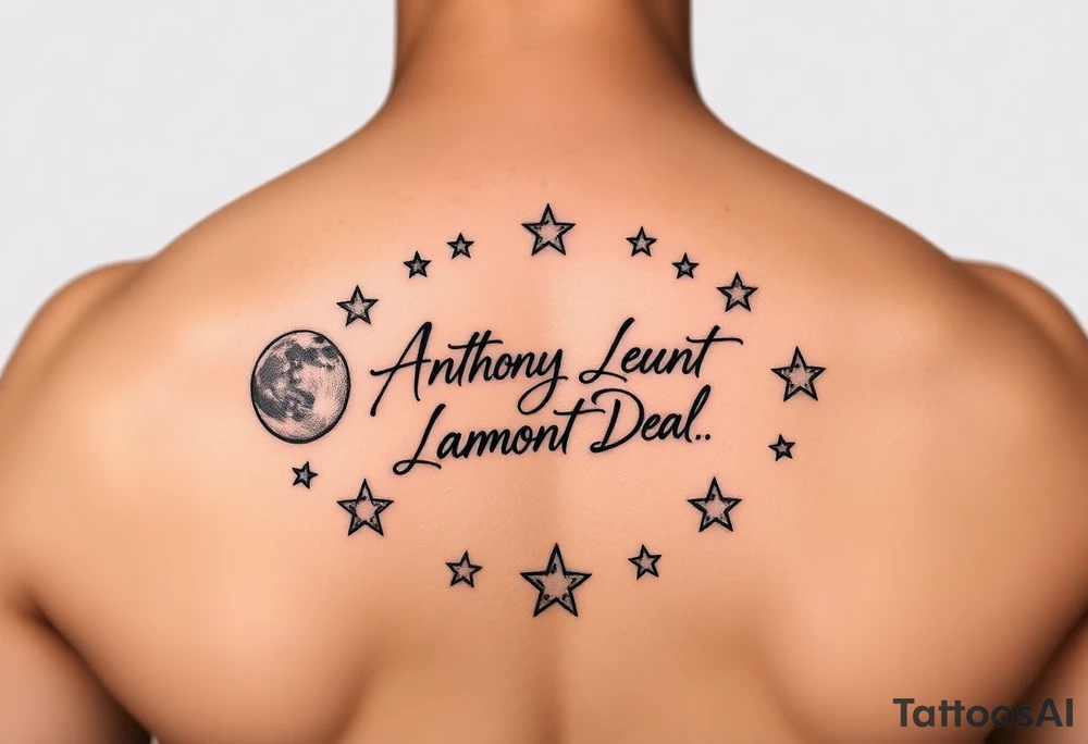 Manly handwriting remembering Anthony Lamont Deal Sr surrounded by moons and stars tattoo idea