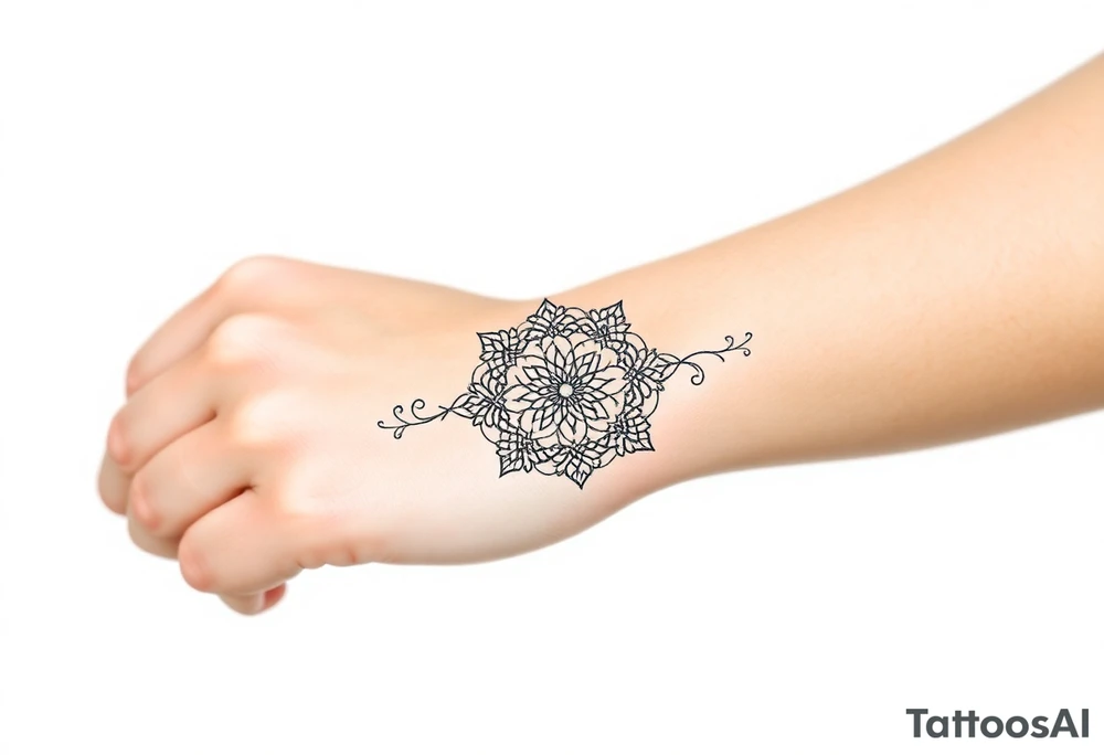 A delicate lace armband going fully around hand in a mandala style, incorporating intricate, circular details tattoo idea