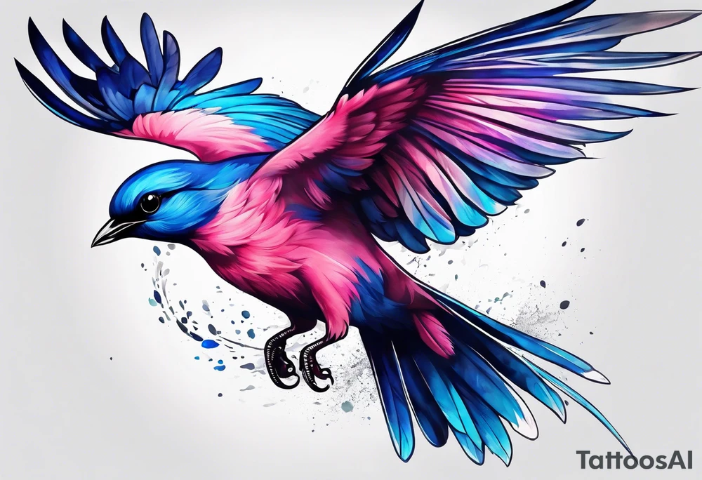 pink and blue bird in flight tattoo idea