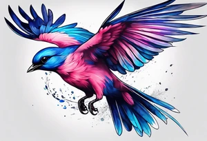 pink and blue bird in flight tattoo idea
