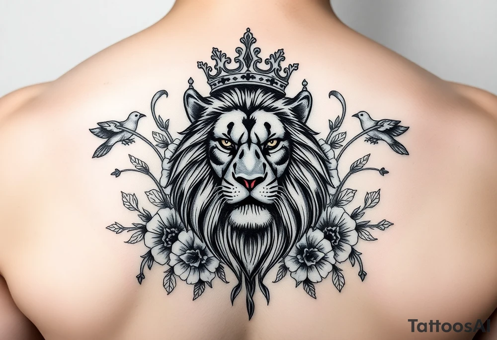 powerful majestic lion with a crown, surrounded by floral ornaments and birds tattoo idea