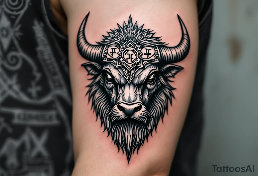 Viking Bull Head – Nordic-style bull head in cold steel gray and charcoal, beard-like fur under the chin, and runic symbols carved into the horns. tattoo idea