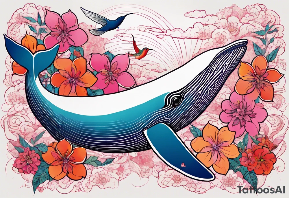 Surreal, whale, hummingbird, face, flowers, bold color, collage, pink, orange, red tattoo idea