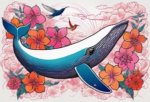 Surreal, whale, hummingbird, face, flowers, bold color, collage, pink, orange, red tattoo idea