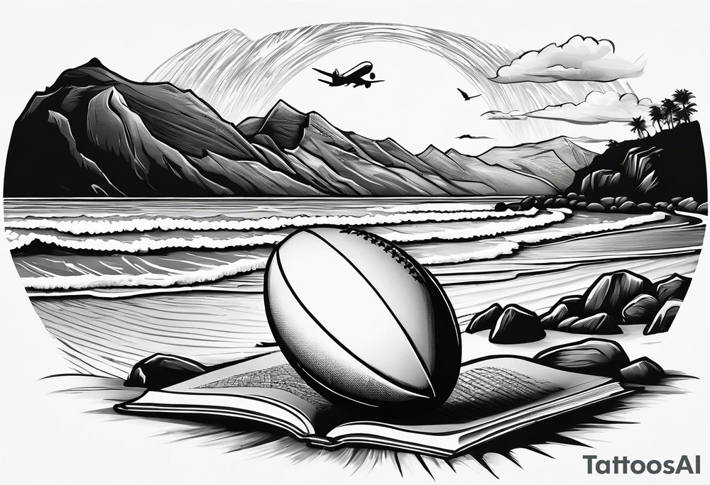 Beach with hills behind, a rugby ball, wine bottle and book on the beach, a plane in the sky and a campervan tattoo idea
