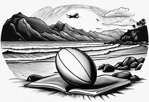 Beach with hills behind, a rugby ball, wine bottle and book on the beach, a plane in the sky and a campervan tattoo idea