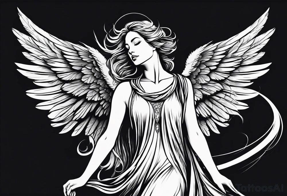 angel woman with big wings, full body, flying on the sky, looking right side , we  can see right profile tattoo idea