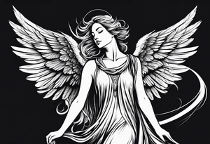 angel woman with big wings, full body, flying on the sky, looking right side , we  can see right profile tattoo idea