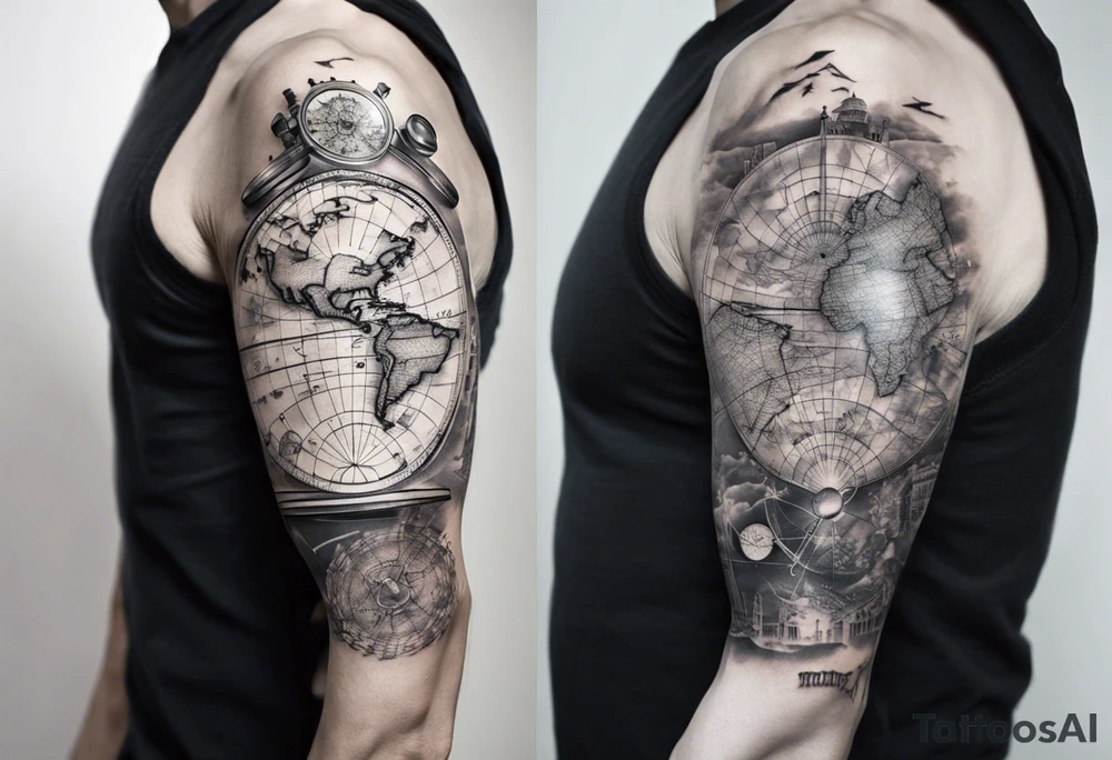 full arm tattoo for man with images of maps and travel and science tattoo idea
