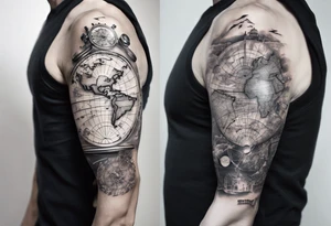 full arm tattoo for man with images of maps and travel and science tattoo idea