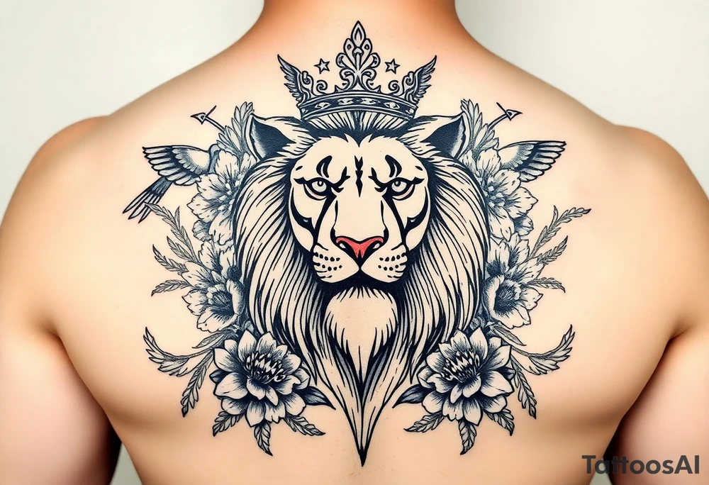 powerful majestic lion with a crown, surrounded by floral ornaments and birds tattoo idea