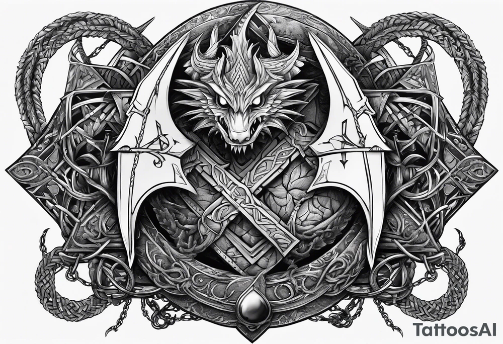 Valhalla sword shield dragon axe Valknut barbed wire chains tattoo idea