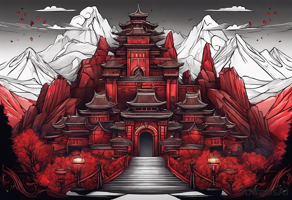red mountains which there are two fantasies castles. tattoo idea