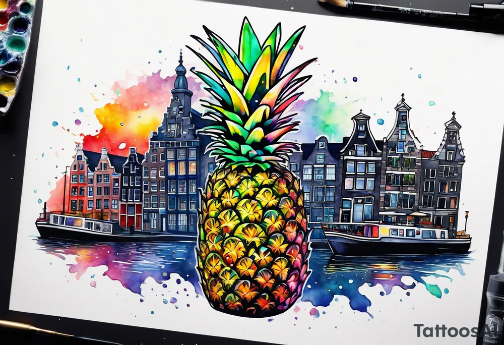 Broken glass watercolour tattoo, stag in shape of pineapple, Amsterdam, Amsterdam buildings, Amsterdam canal, space colours, galaxy colours, pineapples tattoo idea