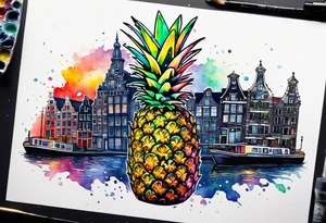 Broken glass watercolour tattoo, stag in shape of pineapple, Amsterdam, Amsterdam buildings, Amsterdam canal, space colours, galaxy colours, pineapples tattoo idea