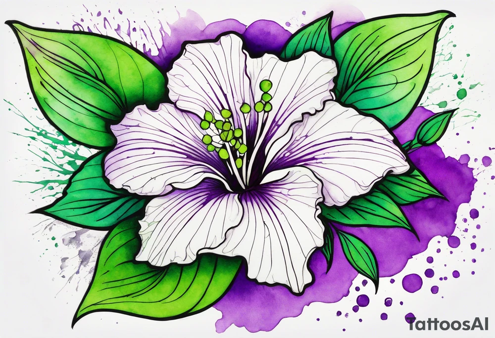 An outline of a green and purple rio dipladenia flower with a mystical green/purple watercolor splash in the background tattoo idea