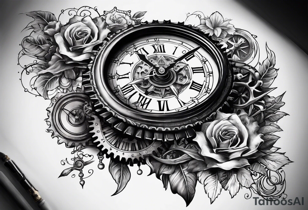 gears with clock and compass tattoo idea
