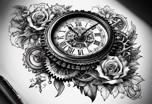 gears with clock and compass tattoo idea