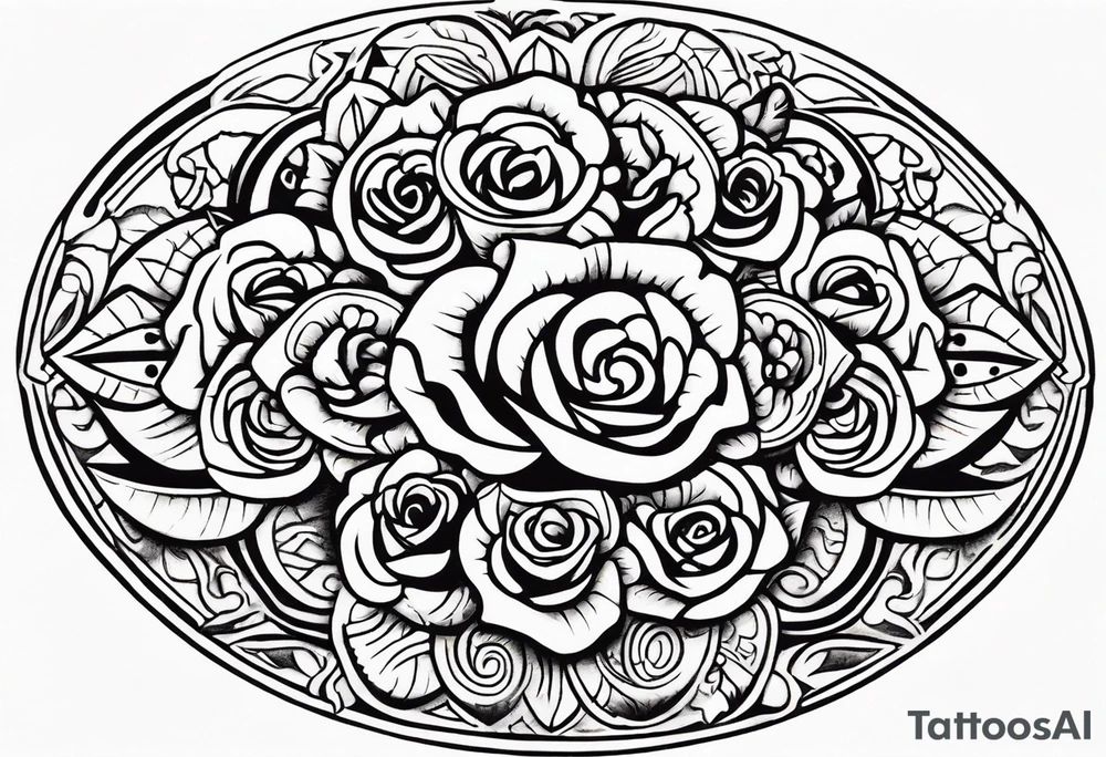 Design a masculine tattoo depicting three delicate rose buds being embraced and protected by a pile of Aztec weapons. The weapons should include elements such as the macuahuitl (Aztec sword-club), obsidian blades, and shields, arranged in a way that forms a protective circle or embrace around the roses. Carve the entire image as if it were a stone sculpture by an ancient Aztec artist, with the texture resembling intricately detailed stone carvings. The roses should be slightly softer but still stylized in stone, giving the entire tattoo a powerful, yet artistic and ancient feel. Use bold, sharp lines to capture the essence of Aztec craftsmanship tattoo idea