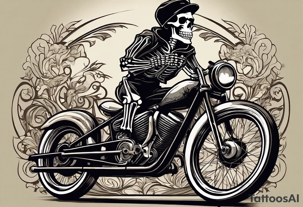 skeleton wearing licra and cap rides a racing bicycle. The skeleton is grinning at the viewer. There is no background image tattoo idea