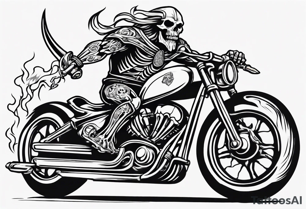A viking skeleton riding a motorcycle with flames front view and a big viking in the background tattoo idea