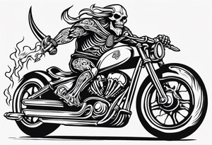 A viking skeleton riding a motorcycle with flames front view and a big viking in the background tattoo idea