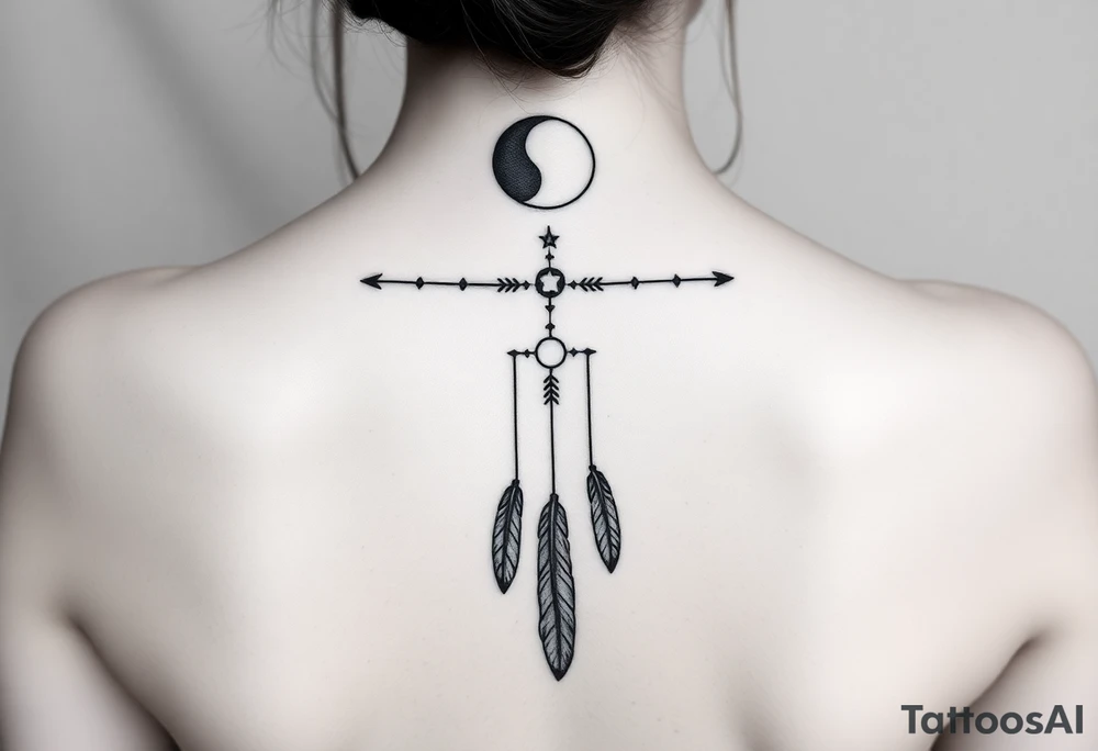 Narrow vertical memorial chain of symbols made of a moon, stars symbolizing loss, a brother and sister bond, and strength in a native script style following down the spine in with 3 vertical different lengths flowing lines made of a discreet connection of morse code ".--- .- --.     .-.. ... -.- .- .-.   -.. .. --.     .-.. .. .-.. .-.. . -... .-. --- .-. forming 3 arrow shapes connected to 3 flowing feathers hanging from the end of the morse code lines tattoo idea