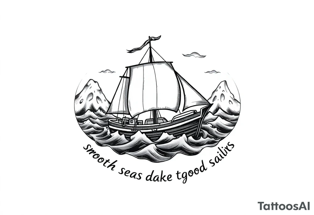 Can you please create an oval design of a ship in rough seas with the words “smooth seas don’t make good sailors”? tattoo idea