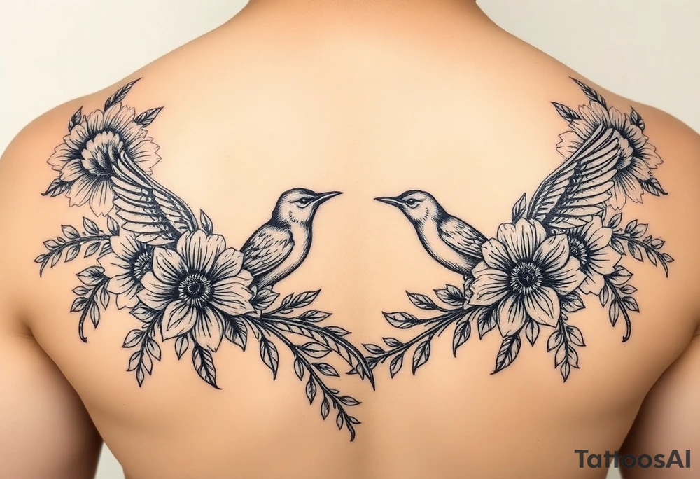 floral ornaments and birds tattoo idea