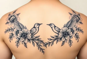 floral ornaments and birds tattoo idea