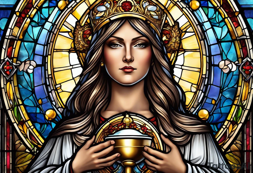holy saint woman with halo stained glass holding a chalice with artillery tattoo idea