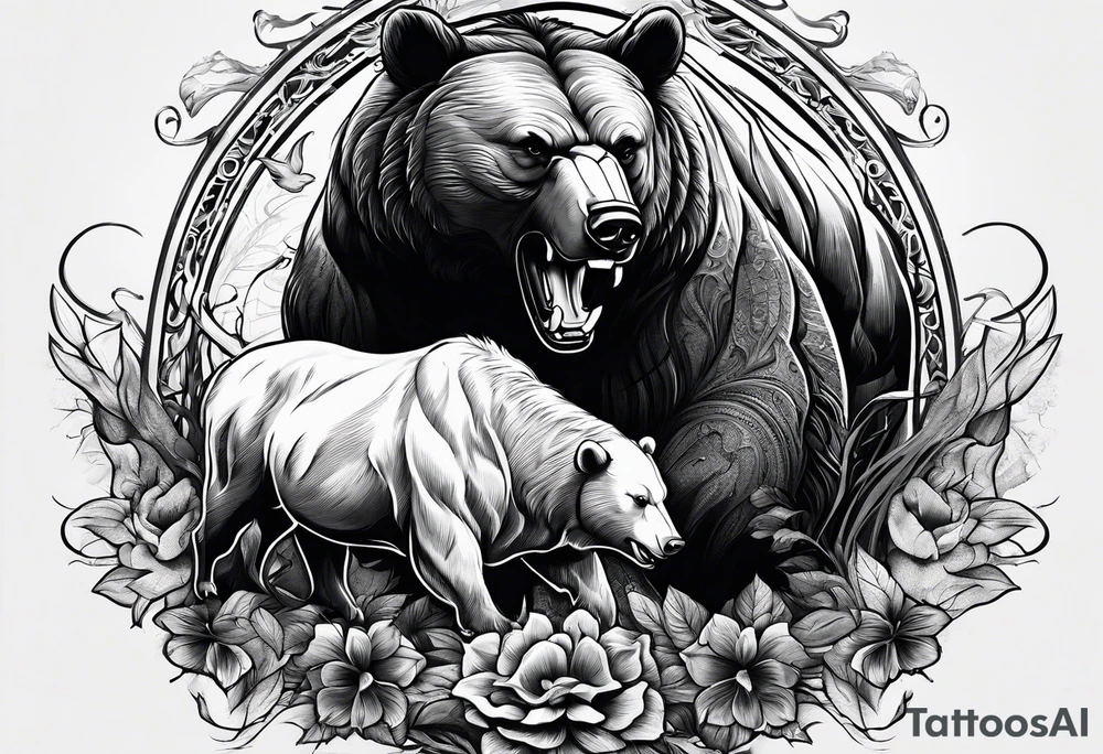 I want a sleeve tattoo design combining a bear fighting a bull tattoo idea