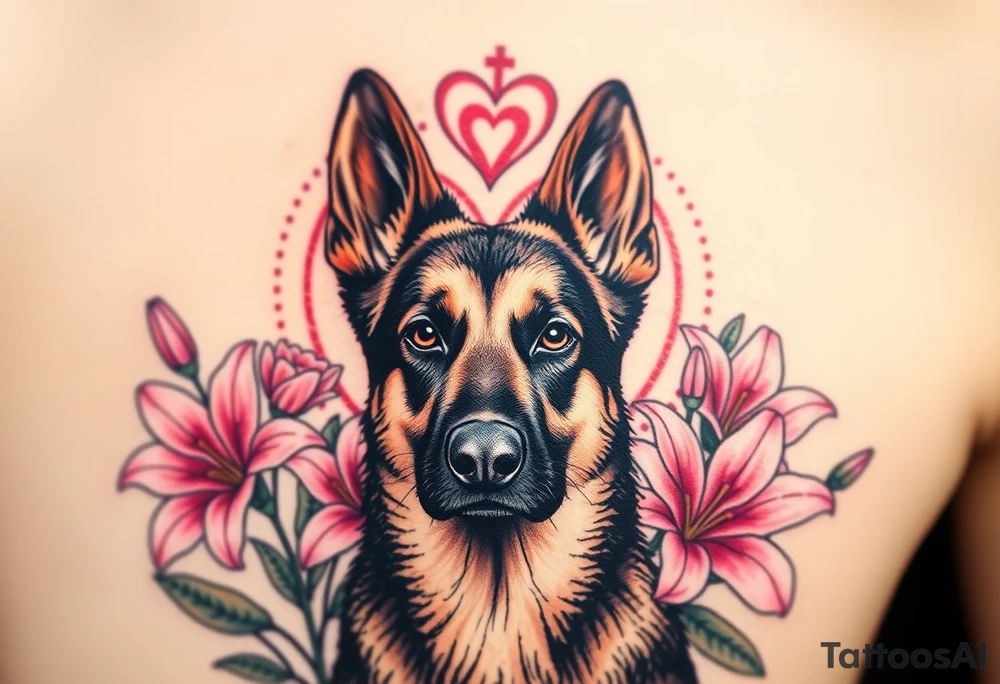 realistic german shepherd with alert ears looking protective surrounded by pink lilies with leaves in front of a sacred heart tattoo idea