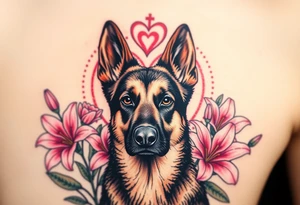 realistic german shepherd with alert ears looking protective surrounded by pink lilies with leaves in front of a sacred heart tattoo idea