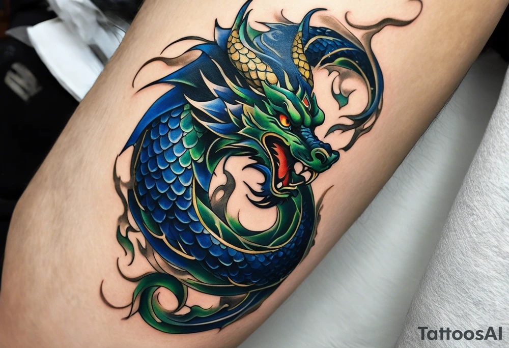 Realist Tattoo: An epic with no wings floating. Its body coiling dynamically, with scales and horns detailed to create a sense of movement and strength. The dragon's main color is dark blue but features accents in green, blue, and gold, giving a vibrant depth and a mystical aura. This tattoo highlights the dragon’s fierce expression and sharp claws as it wraps protectively around the leg. Style: Realism tattoo idea