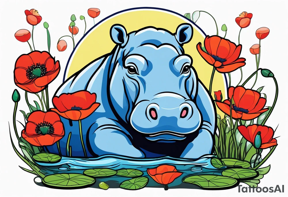 Hippopotamus, poppies, water lilies, tattoo idea