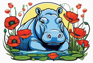 Hippopotamus, poppies, water lilies, tattoo idea